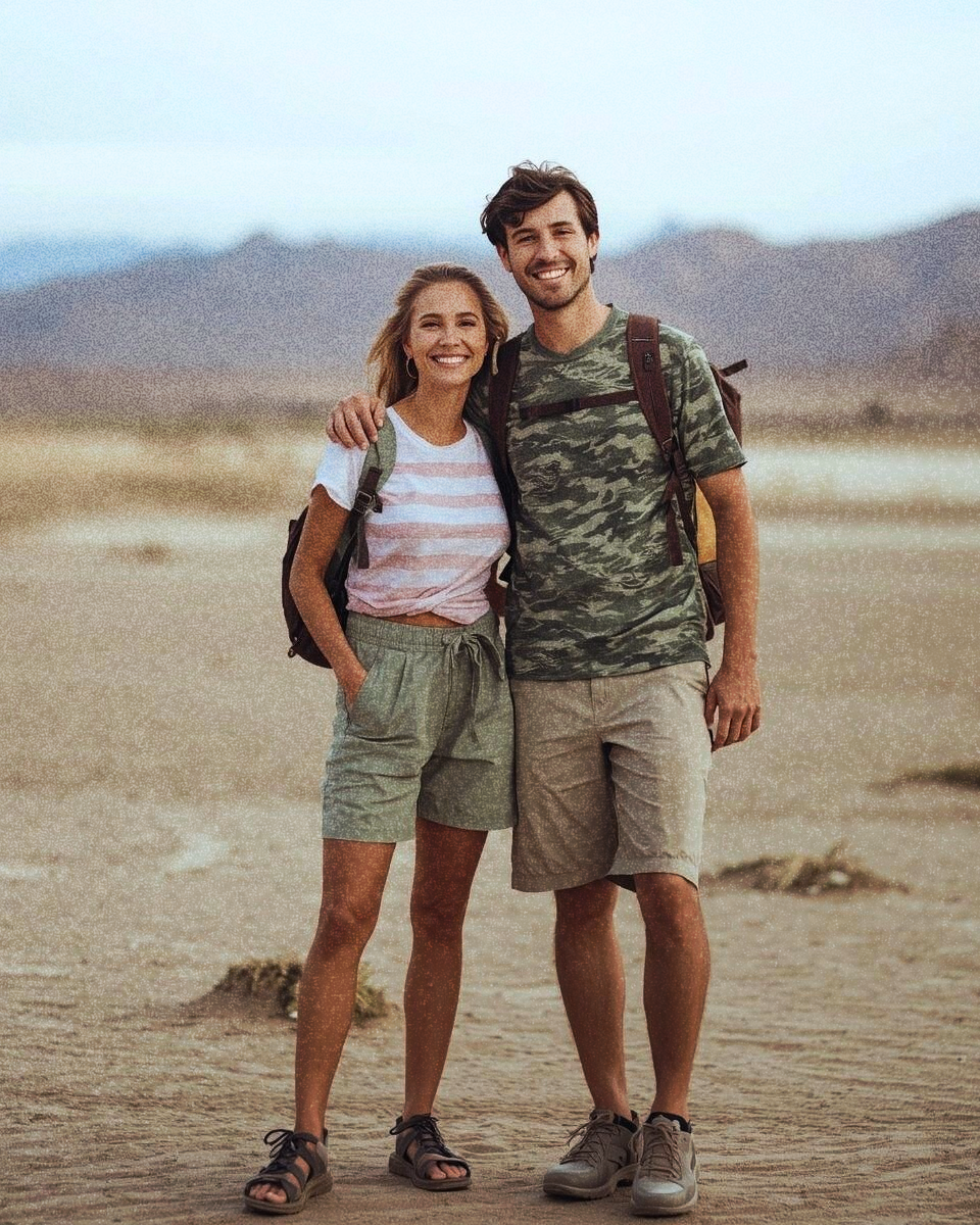 A young couple standing together in a sandy outdoor setting, smiling at the camera. The woman is wearing a striped shirt and shorts, while the man is in a camouflage t-shirt and light shorts, both with backpacks.