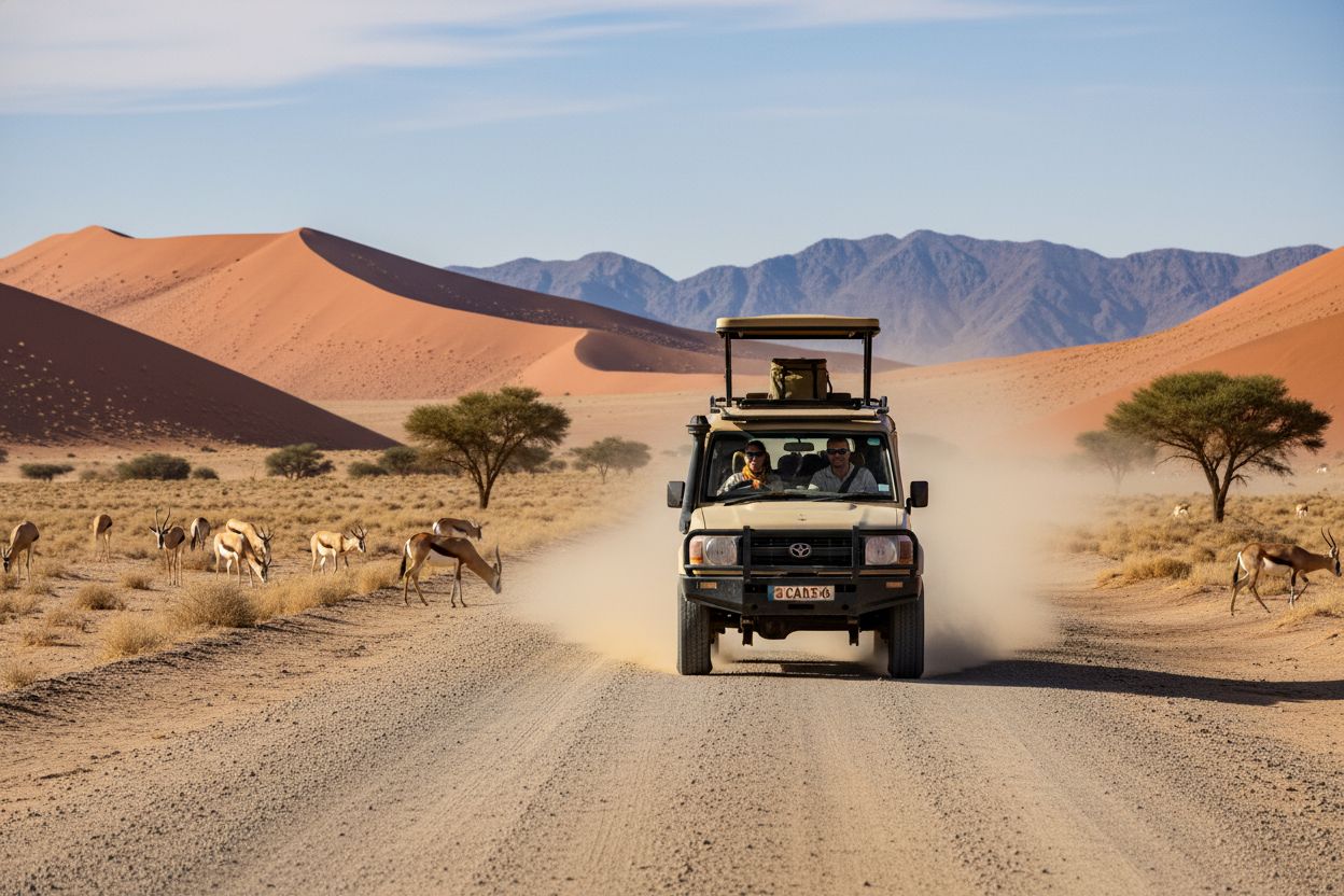 A safari vehicle driving along a dusty road in a desert landscape, with tall orange sand dunes in the background and a herd of antelopes grazing nearby.